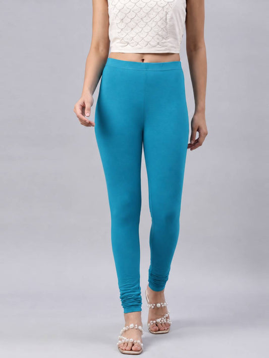 Peacock Blue Cotton Stretch Ankle Length Leggings