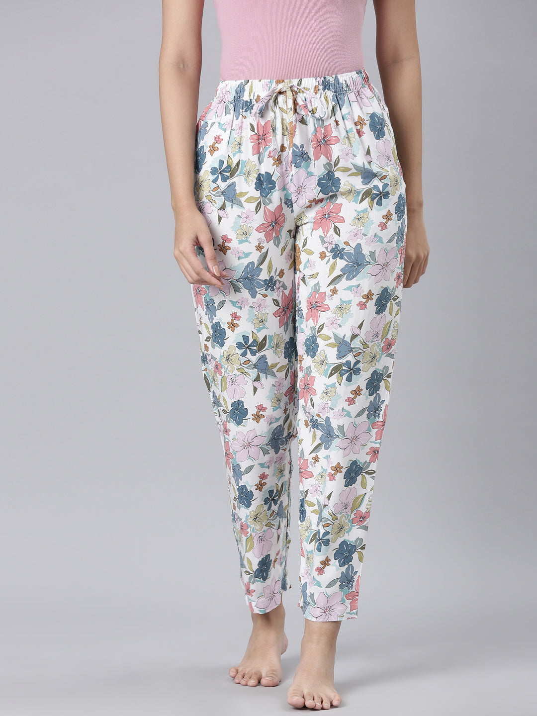 White Woven Viscose Printed Lounge Pants