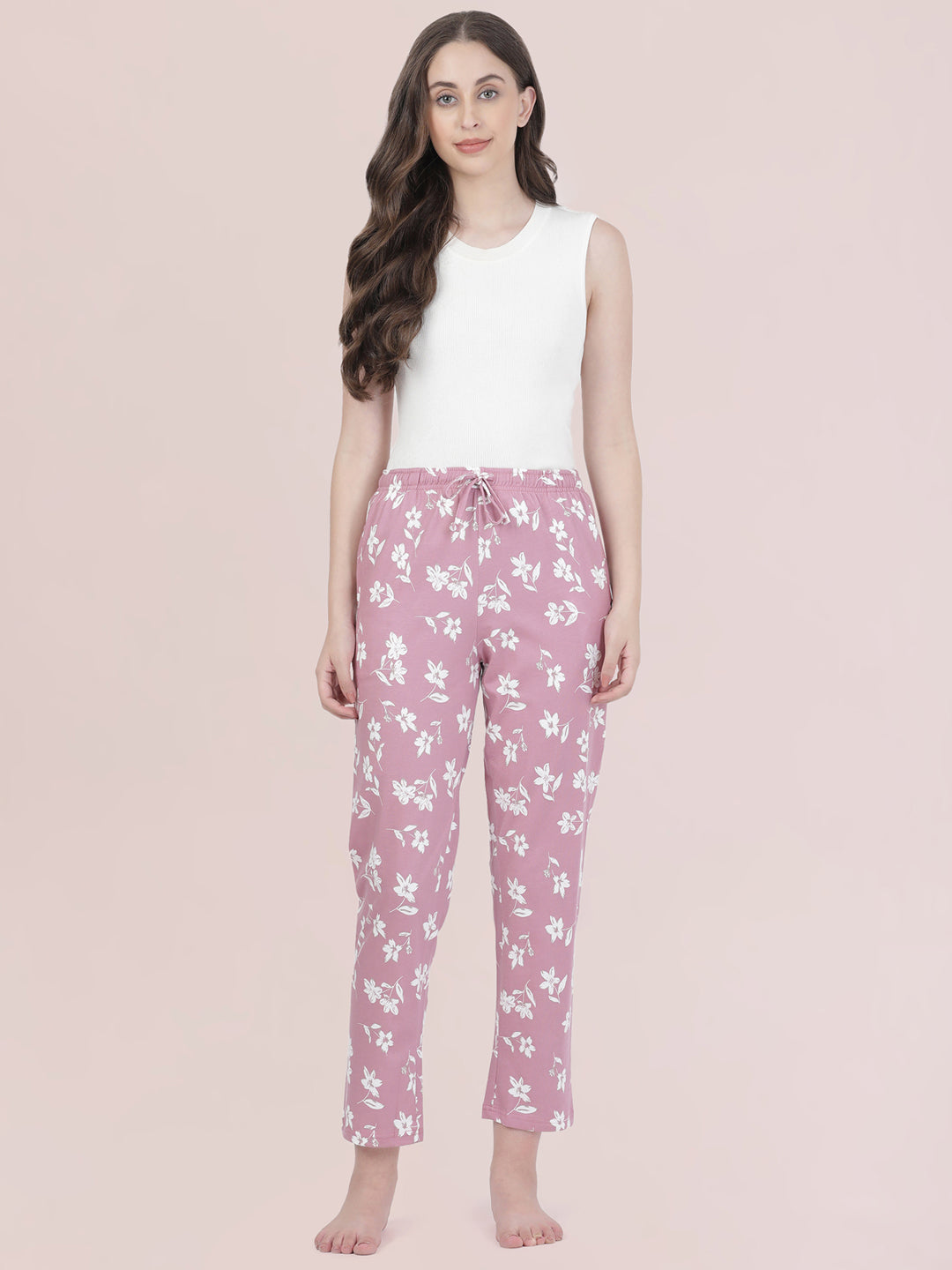 Medium Pink Cotton Knit Printed Lounge Pants