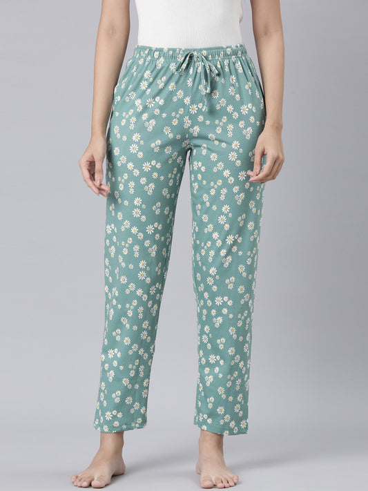 Green Cotton Knit Printed Lounge Pants