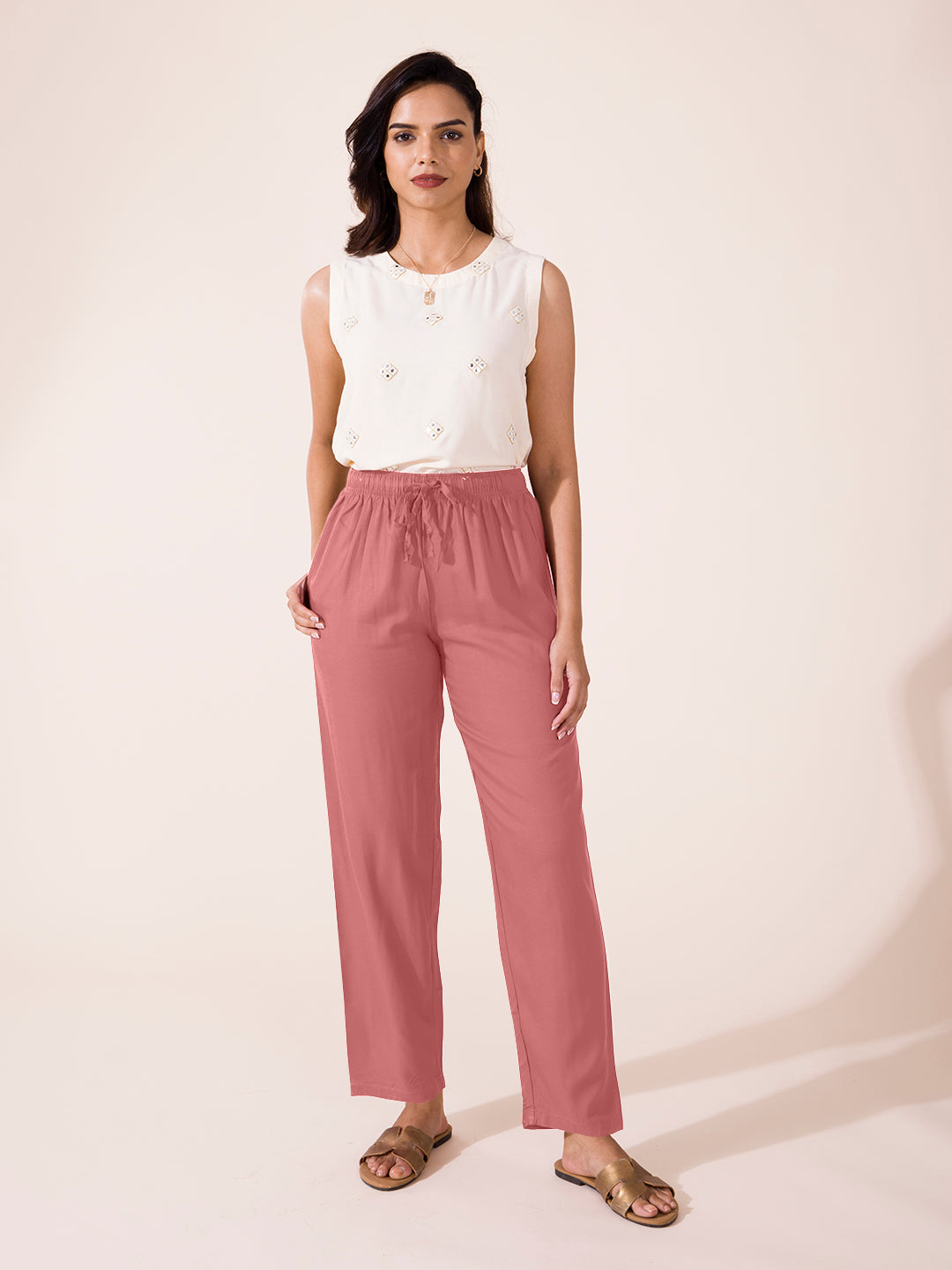 Dusty Pink Woven Viscose Casual Pants