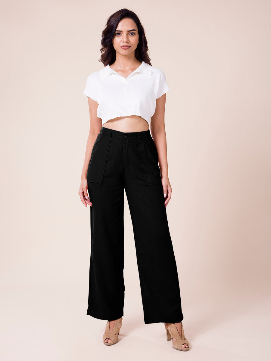 Women Solid Black Linen Cargo Pant