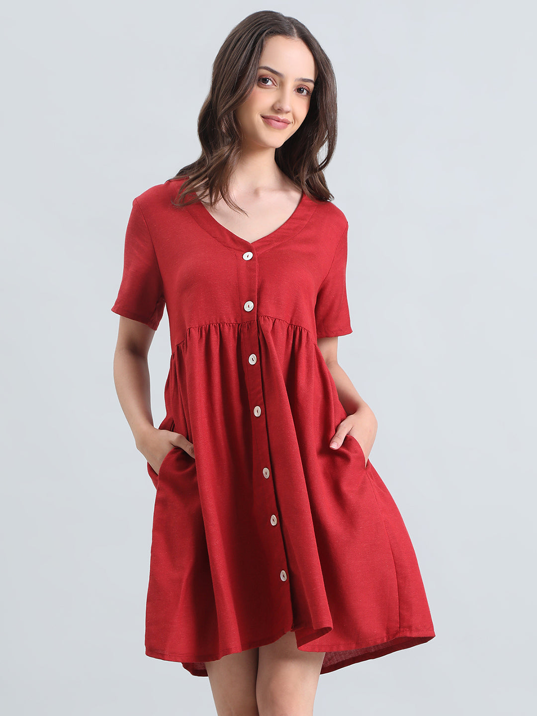 Linen V-Neck Regular Fit Short Dress