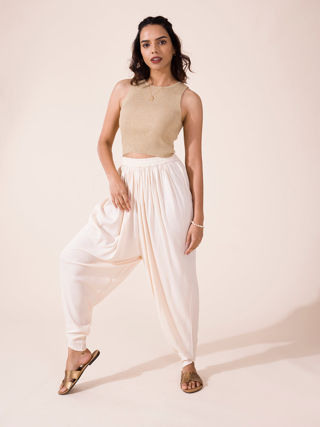 Ecru Woven Viscose Harem Dhoti Pant