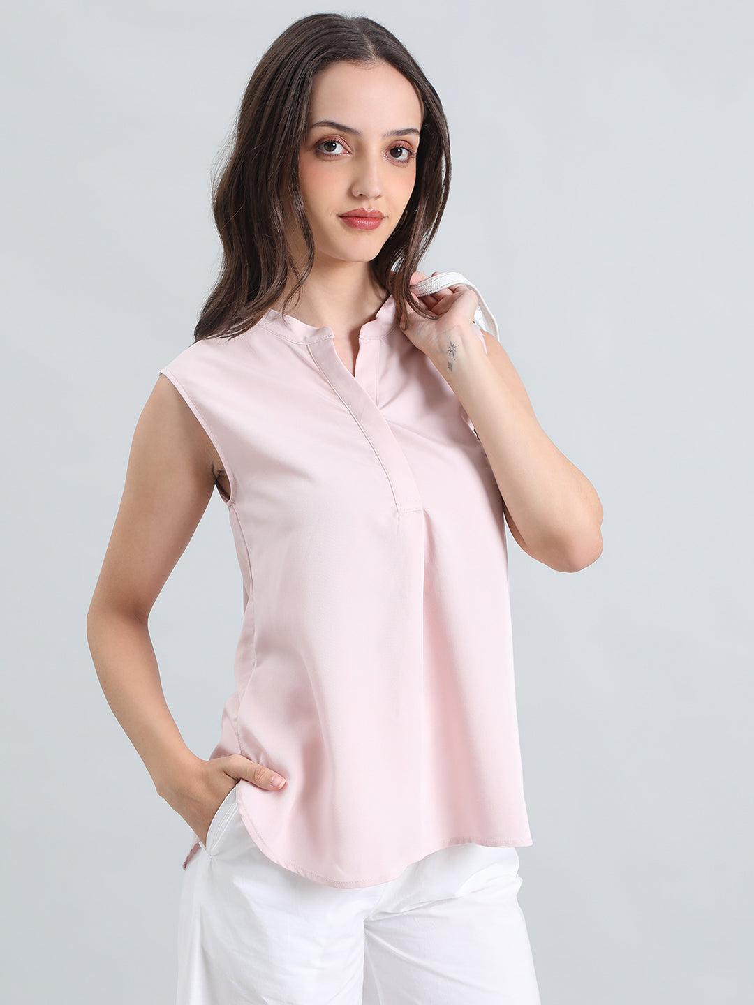 Rayon Mandarin Collar Sleeveless Top