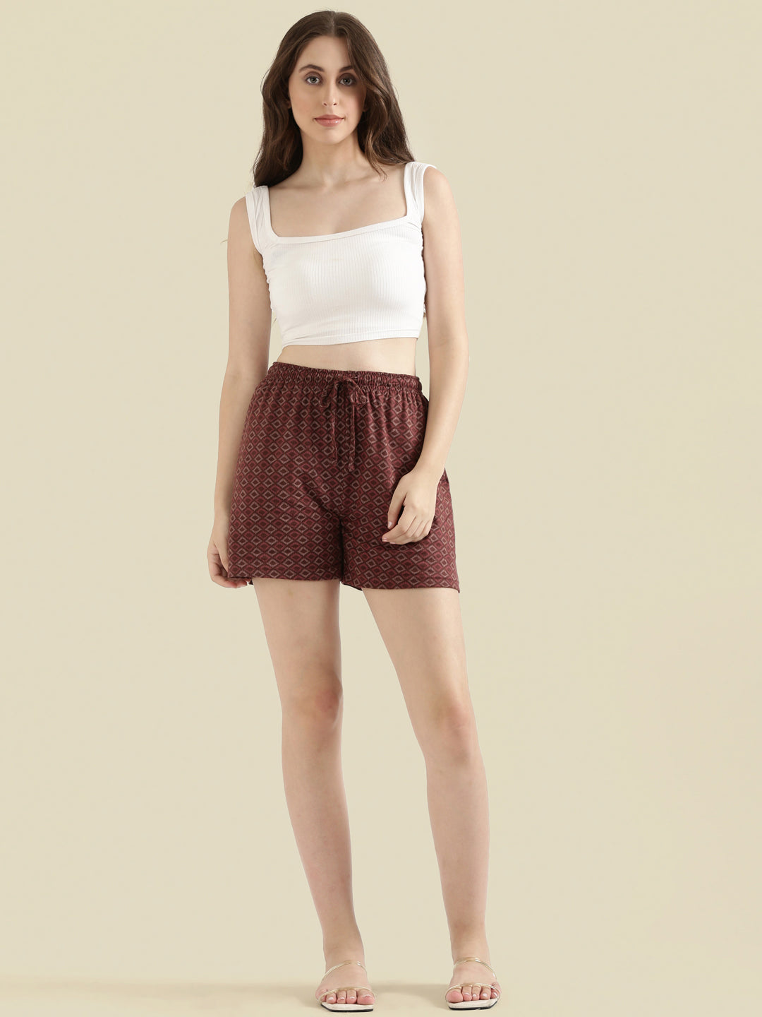 Brown Cotton Knit Printed Lounge Shorts