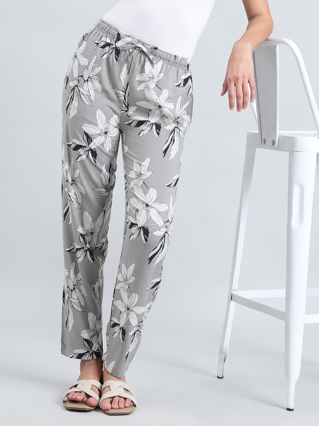 Grey Woven Viscose Printed Lounge Pants