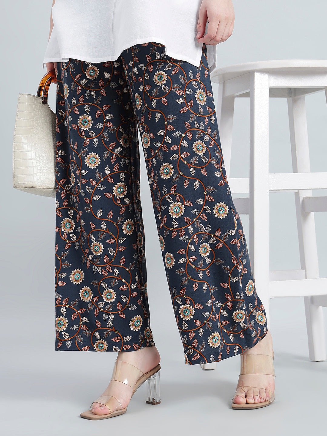 Navy Woven Viscose Printed Palazzo