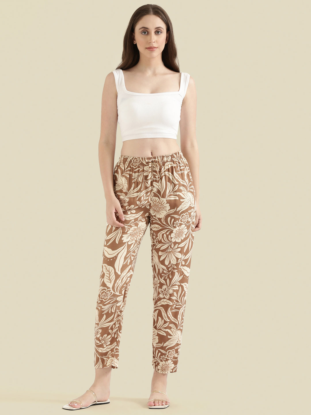 Brown Woven Viscose Printed Lounge Pants