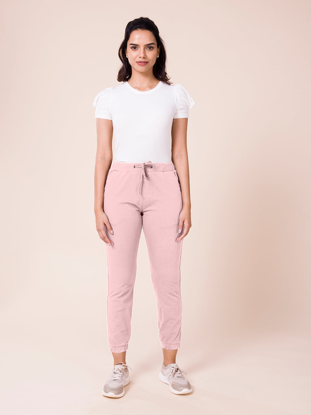 Women Solid Cotton Baby Pink Cuffed Joggers