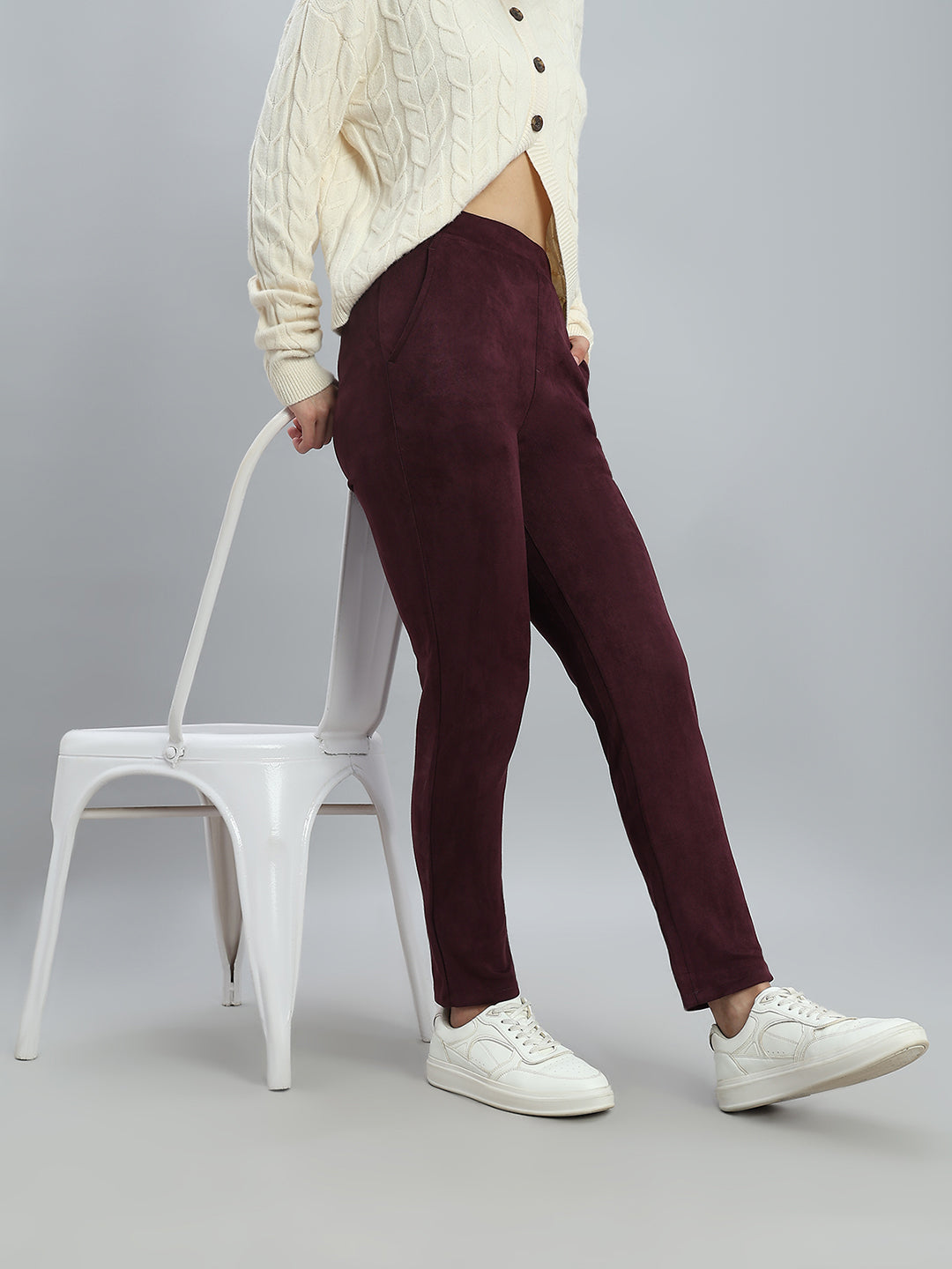 Wine Poly Stretch Suede Tregging