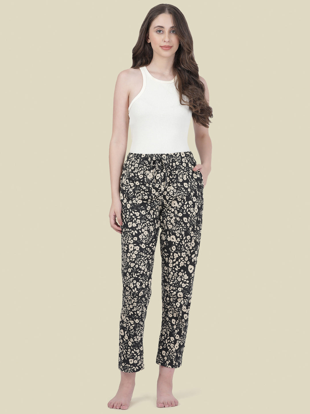 Black Cotton Knit Printed Lounge Pants