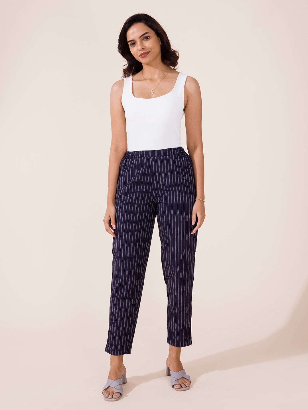 Navy Linen Ikat Pencil Pant