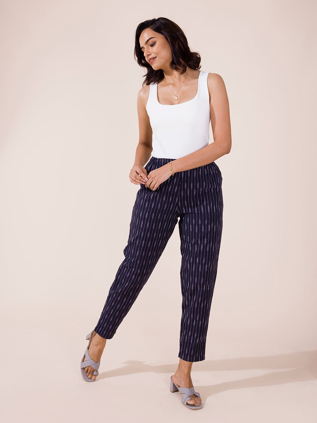 Navy Linen Ikat Pencil Pant