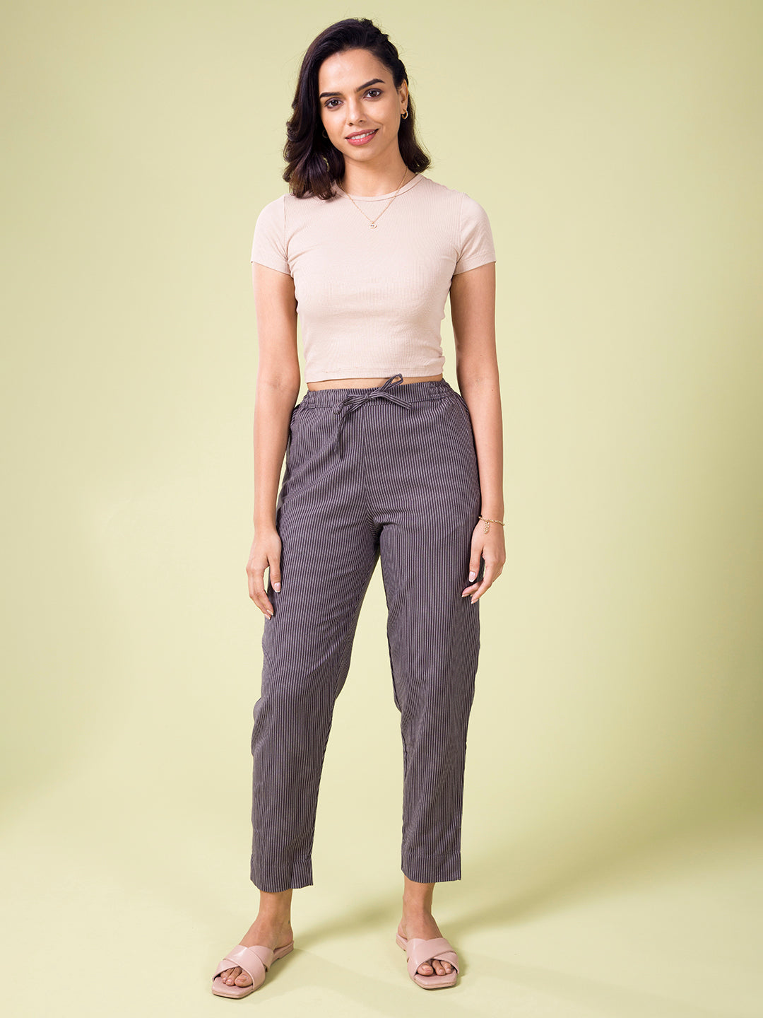 Grey Cotton Stripe Pencil Pants