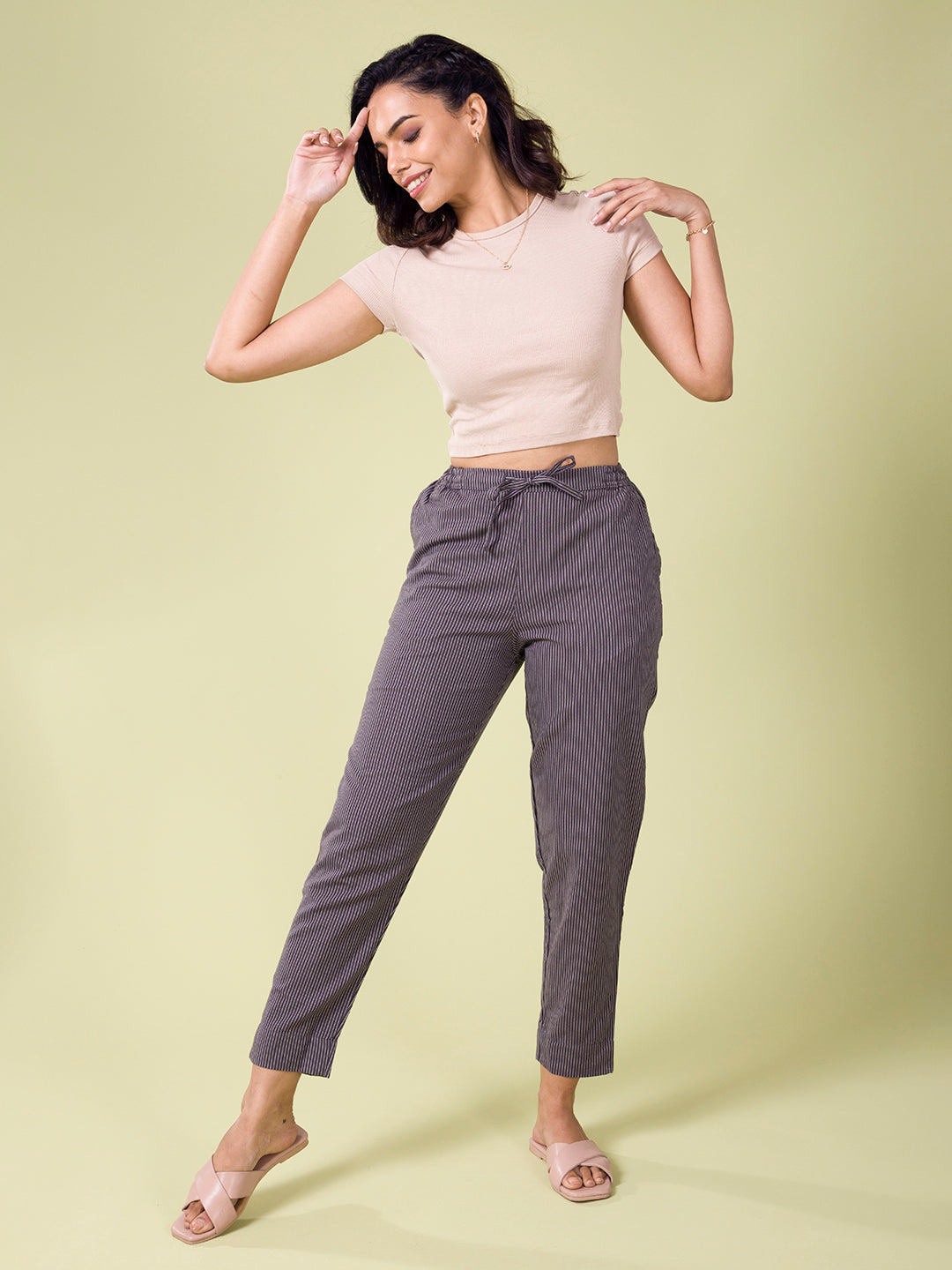 Grey Cotton Stripe Pencil Pants