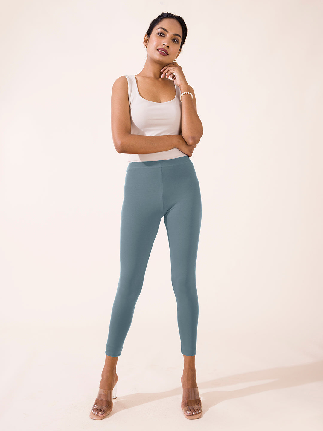 Teal Cotton Stretch Ankle Length Leggings