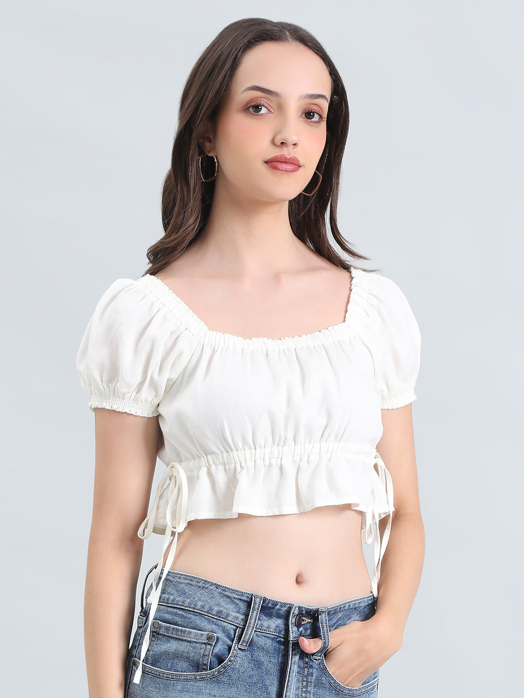 Linen Blend Square Neck Cropped Gathered Blouse