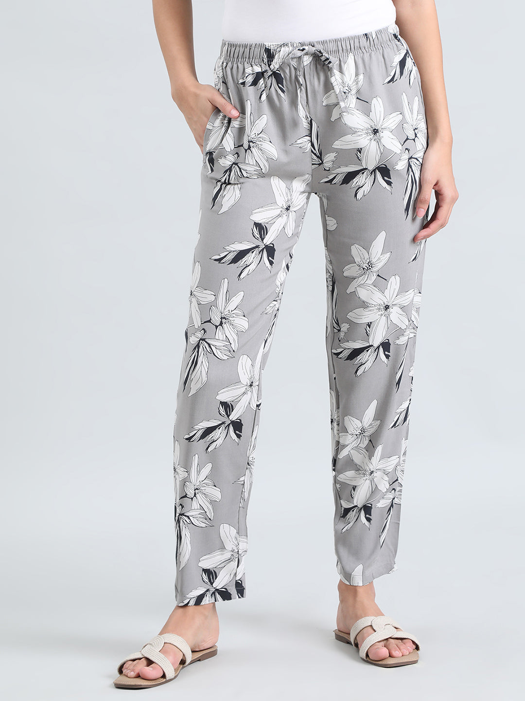 Grey Woven Viscose Printed Lounge Pants