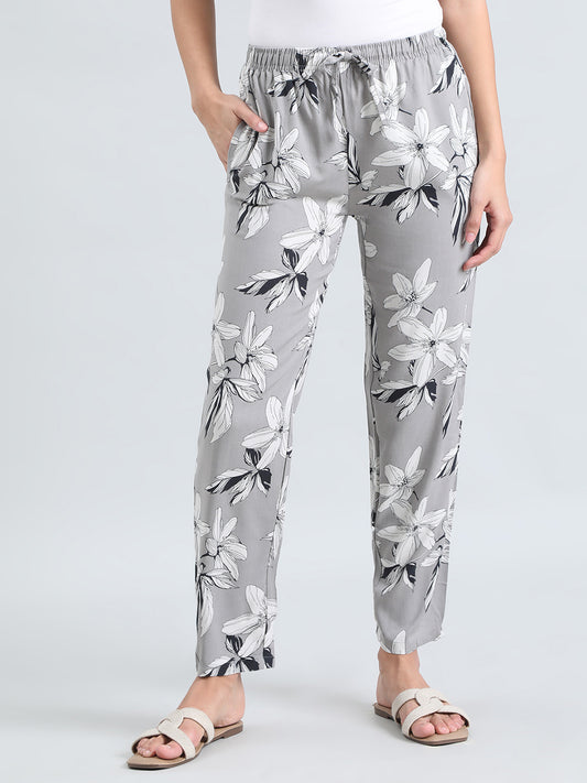 Grey Woven Viscose Printed Lounge Pants