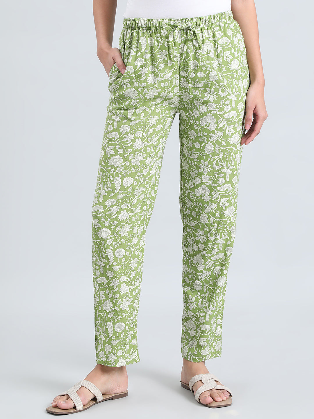 Light Green Woven Viscose Printed Lounge Pants