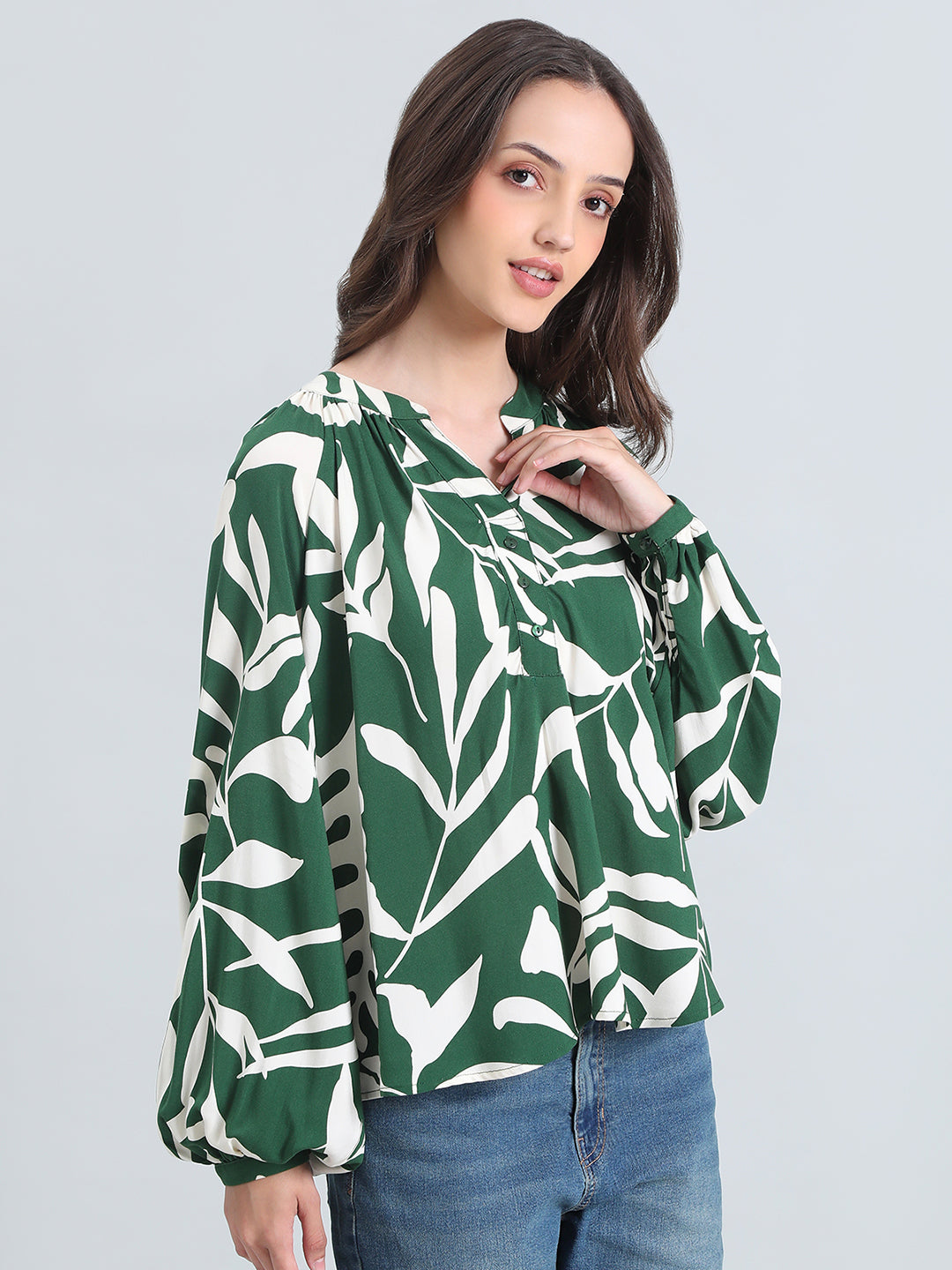 Viscose Loose Fit Mandarin Collar Printed Blouse