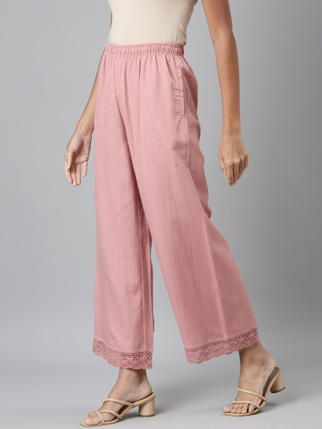 Women Solid Baby Pink Mid Rise Linen Wide Pant