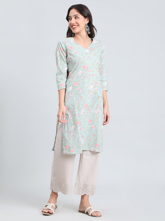 Cotton Floral Block Print Straight Kurta