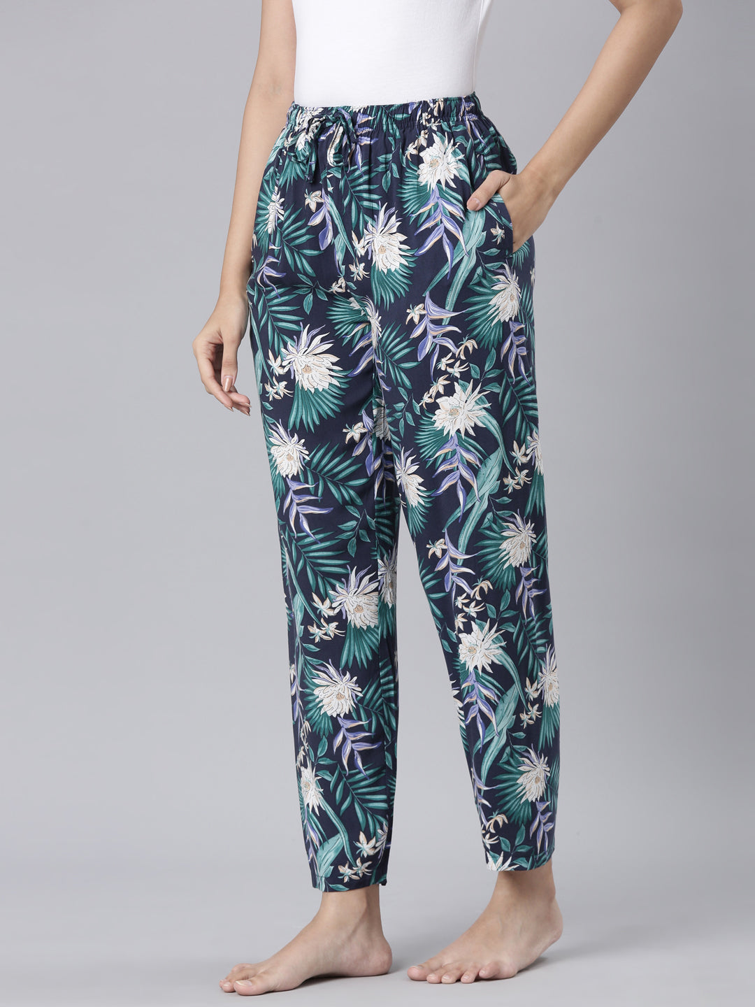 Navy Woven Viscose Printed Lounge Pants