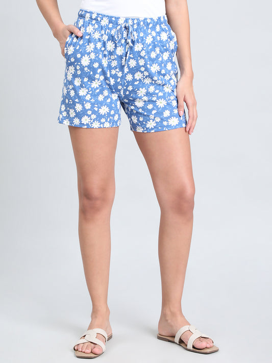 Blue Cotton Knit Printed Lounge Shorts