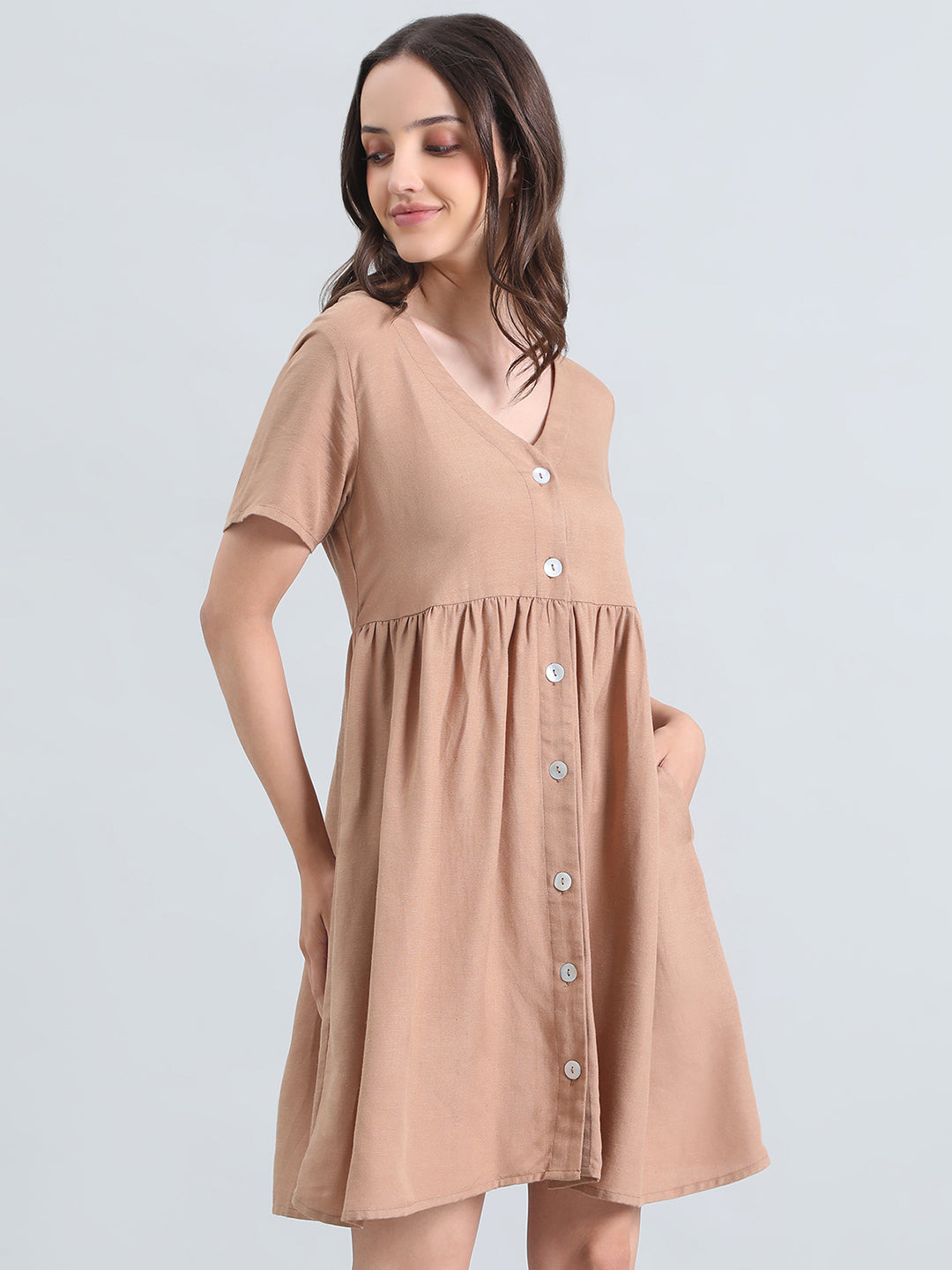 Linen V-Neck Regular Fit Short Dress