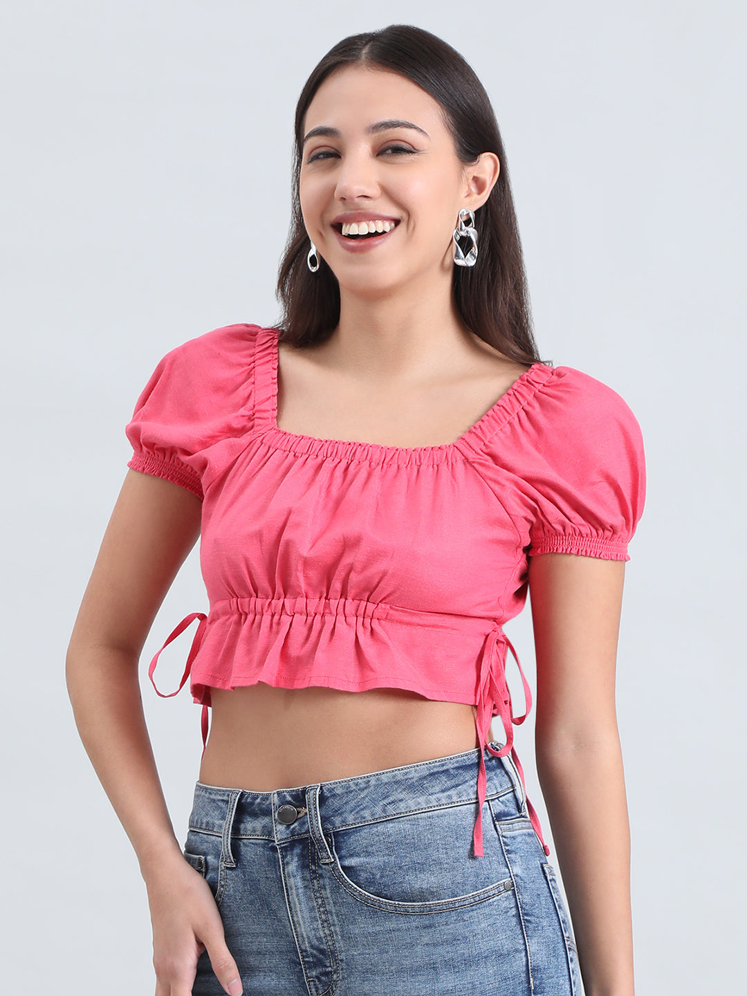 Linen Blend Square Neck Cropped Gathered Blouse