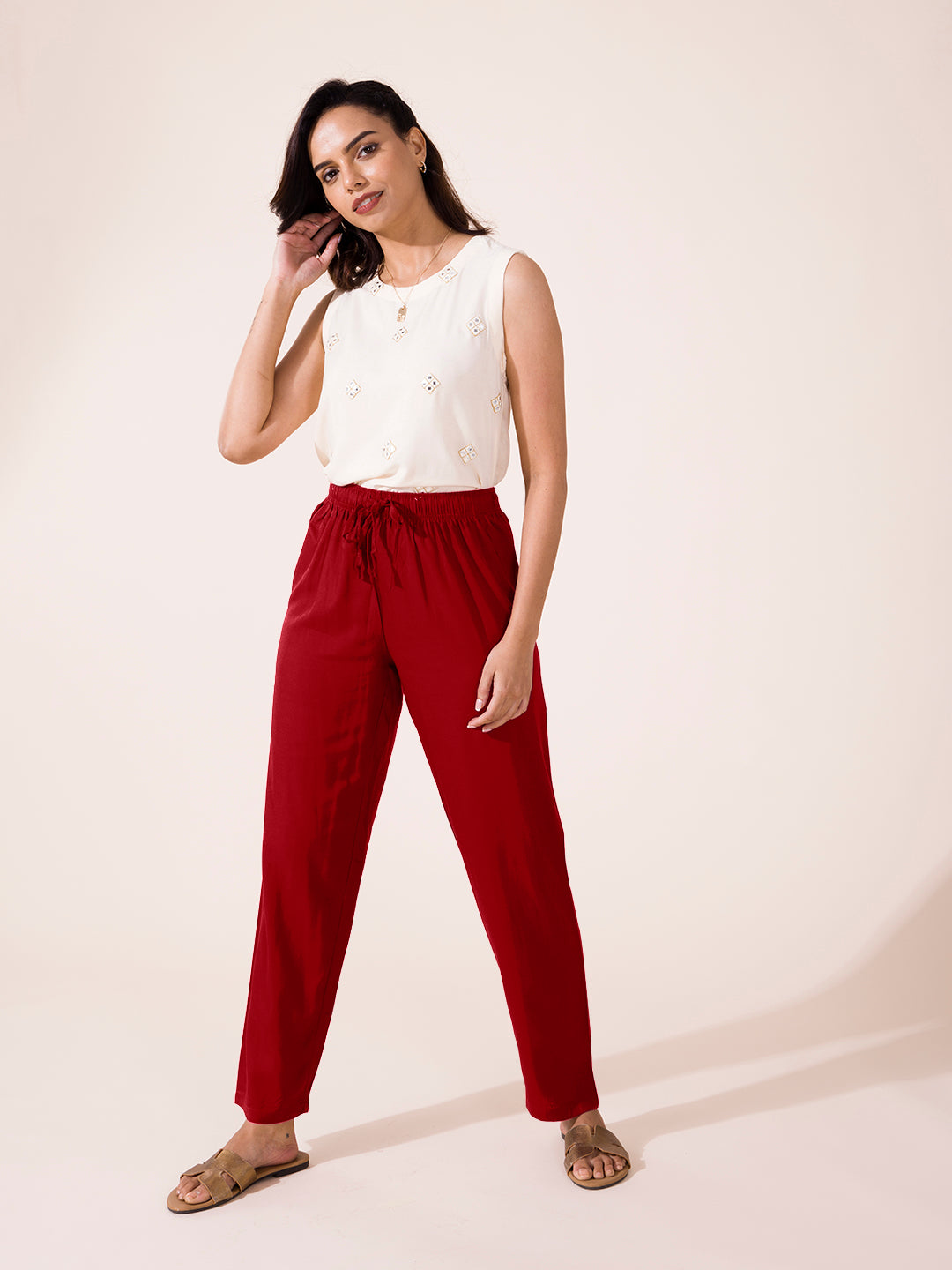 Women Solid Bright Red Viscose Mid Rise Casual Pants
