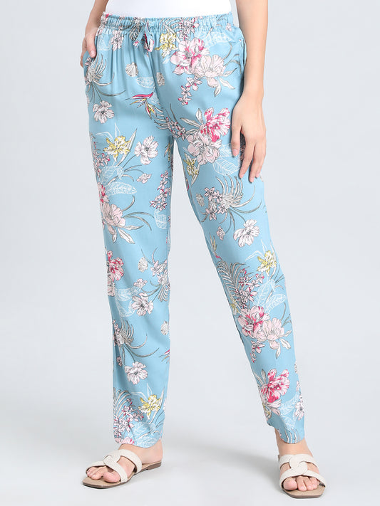 Blue Woven Viscose Printed Lounge Pants