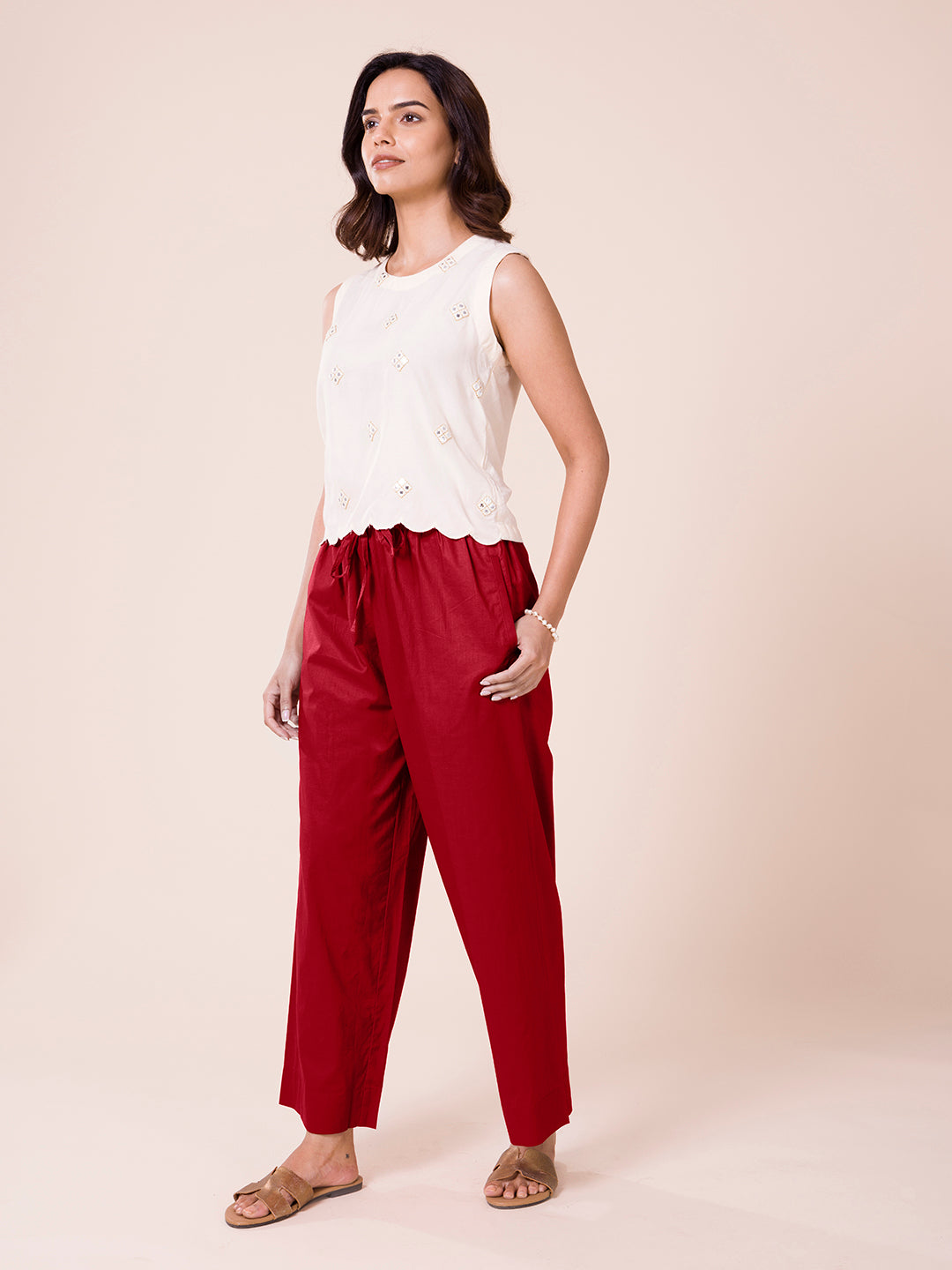 Light Maroon Cotton Wide Leg Pants