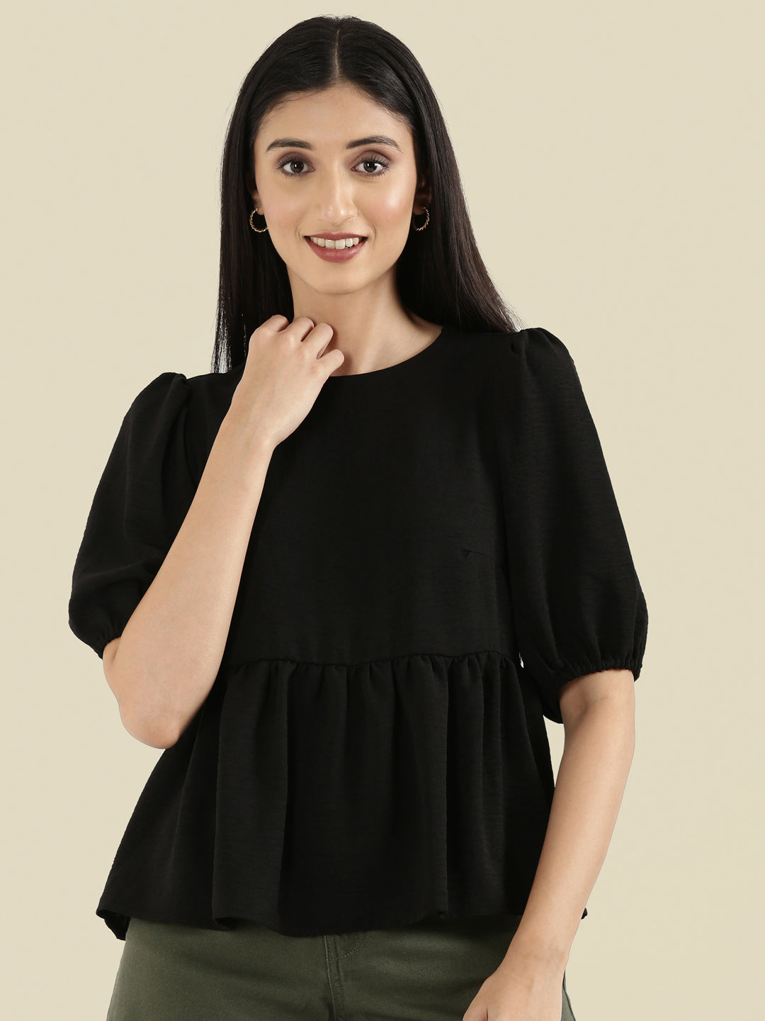 Hammered Crew Neck Peplum Top