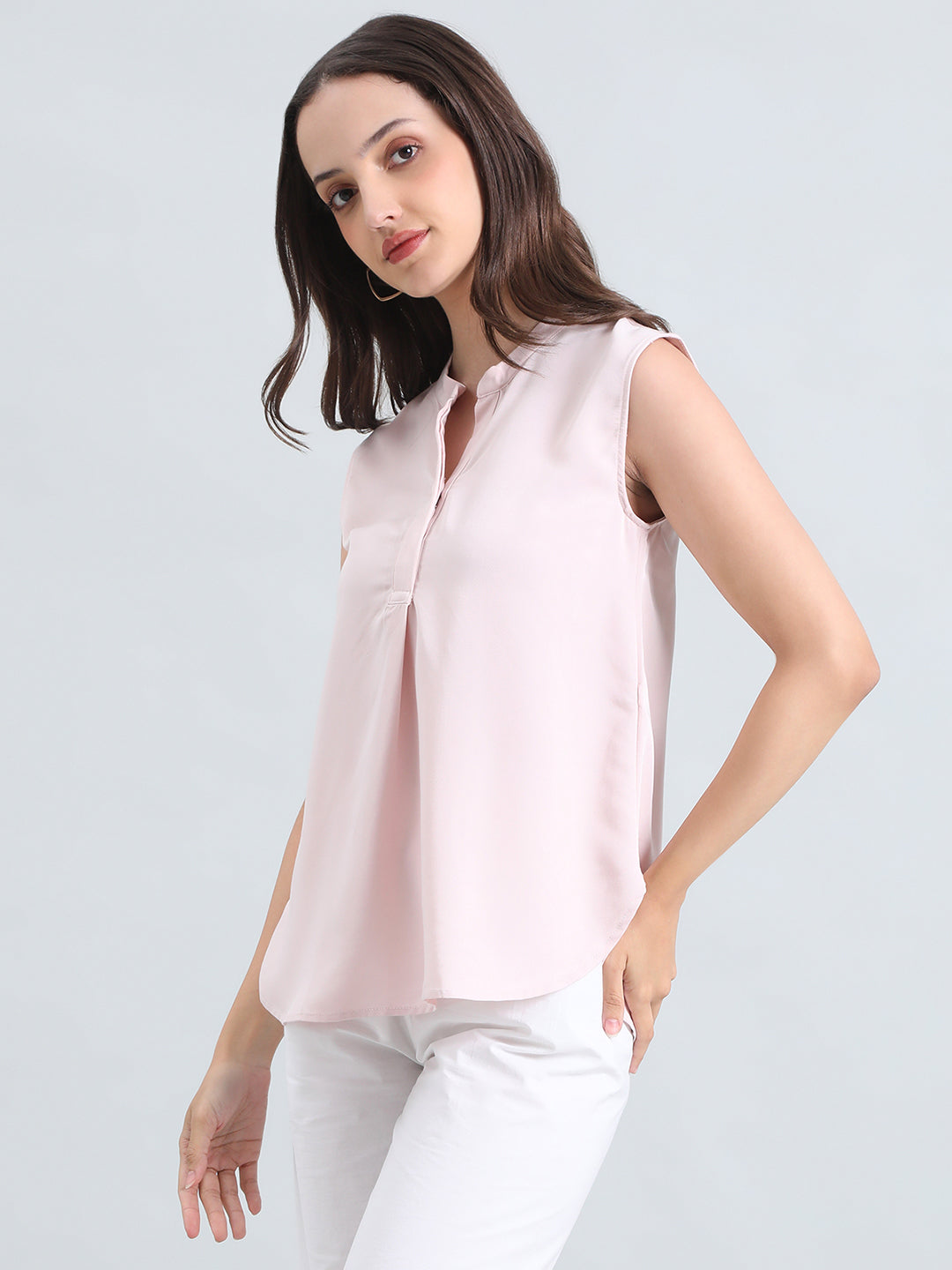 Rayon Mandarin Collar Sleeveless Top