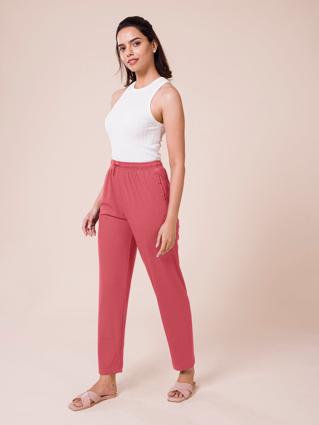 Rusty Pink Drop Needle Fabric Casual Rib Pant