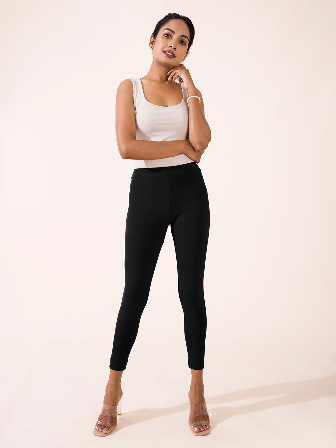 Solid Black Ankle Length Leggings for Women by Go Colors