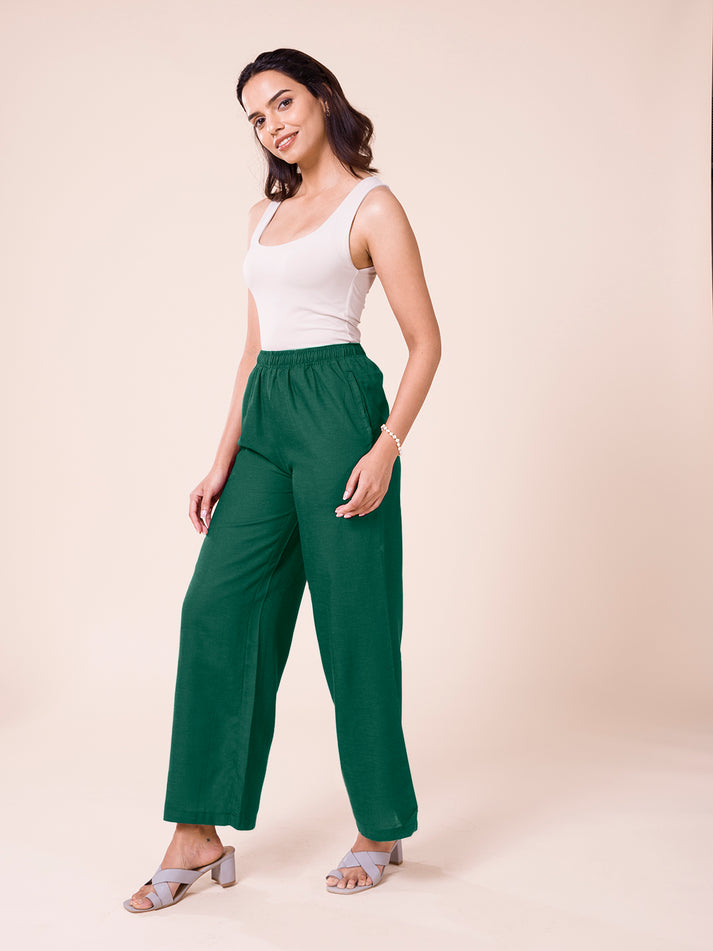Bottle Green Printed Flared Palazzo