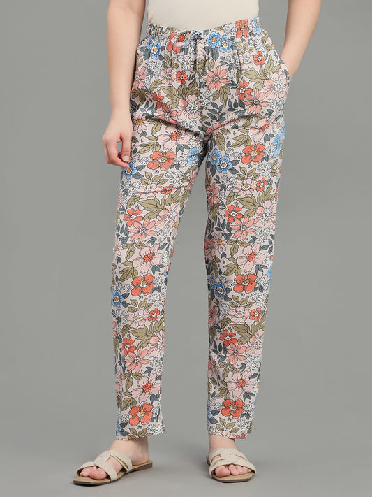 White Woven Viscose Printed Lounge Pants