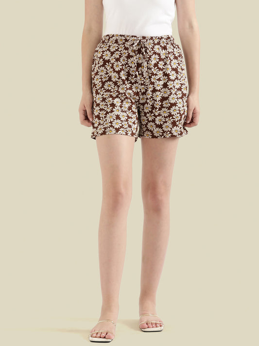 Brown Cotton Knit Printed Lounge Shorts