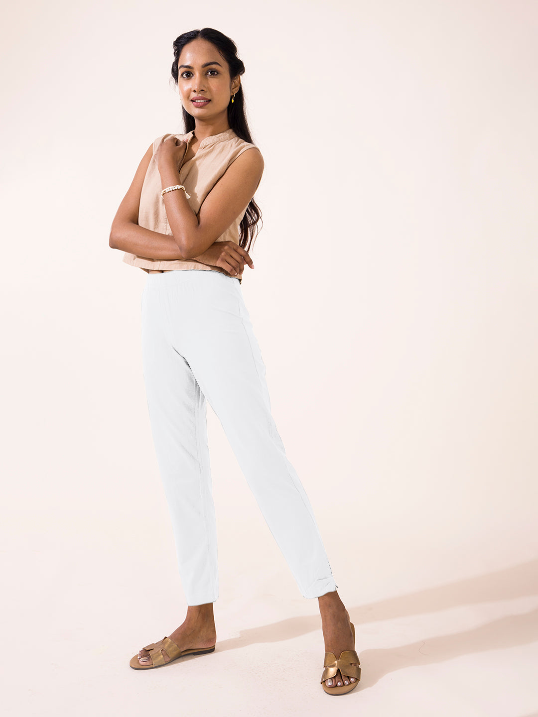 White Cotton Stretch Kurti Pants