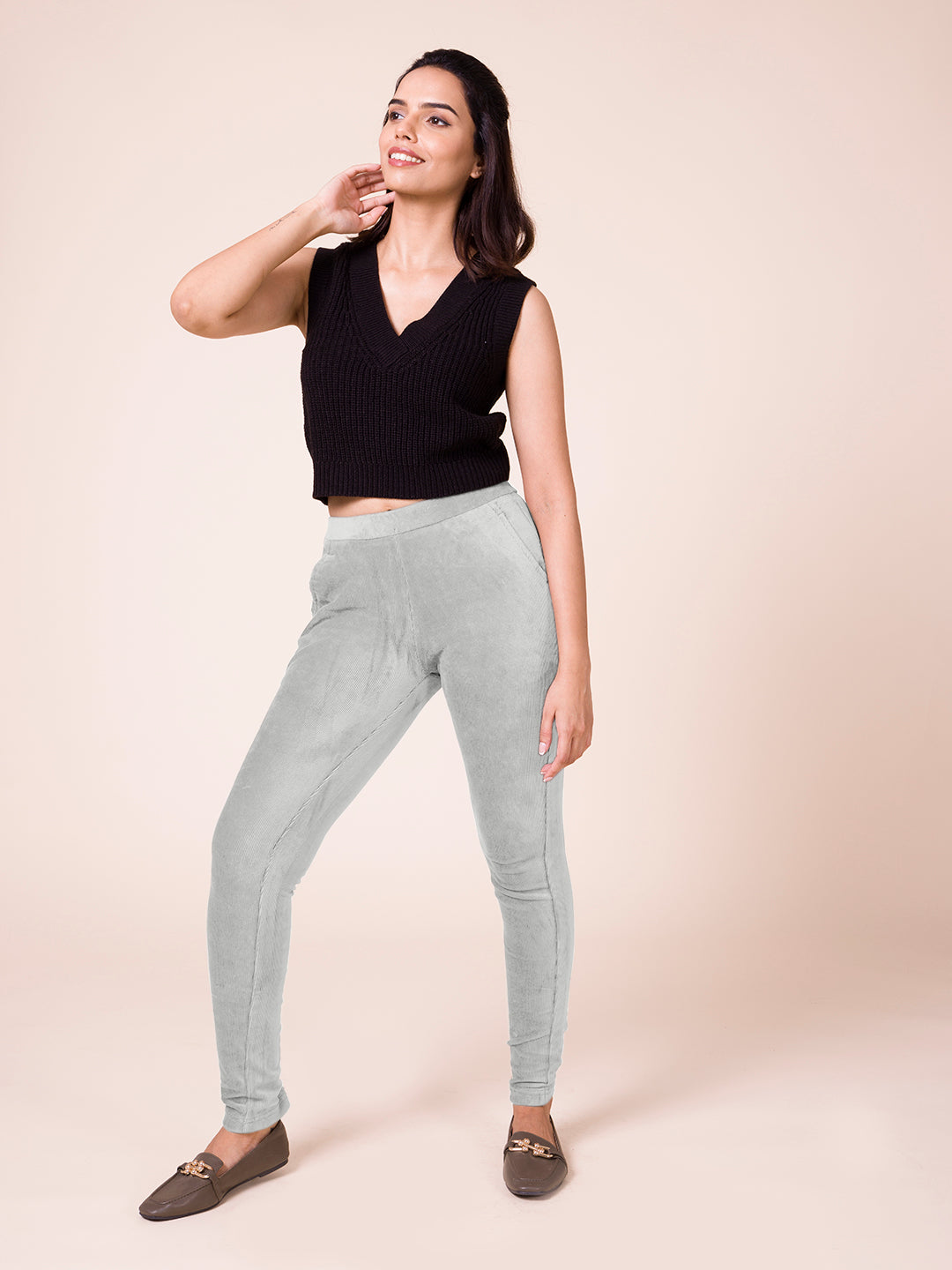 Ebony Grey Cotton Polyester Corduroy Jeggings