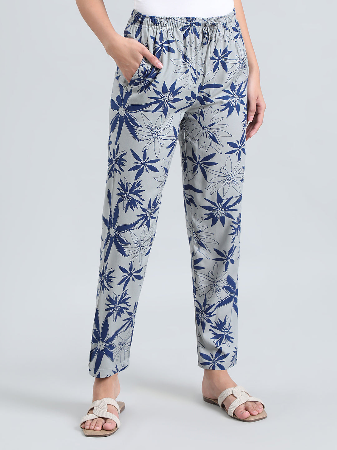 Grey Woven Viscose Printed Lounge Pants
