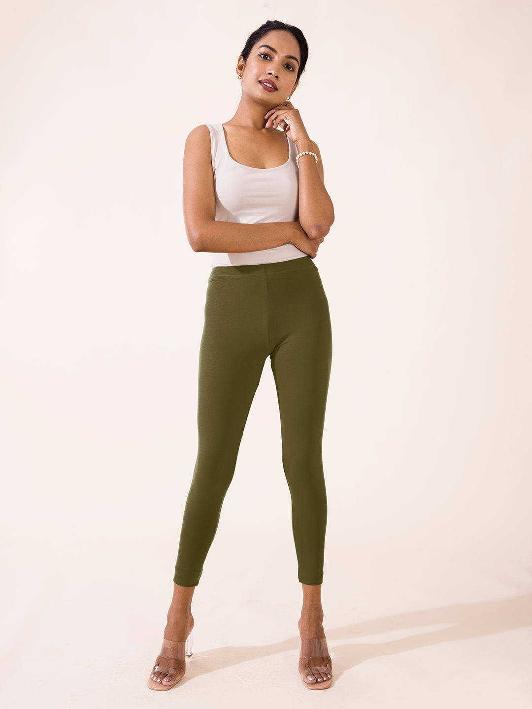 Olive Green Color Ankle Length Fusion Cotton Pant
