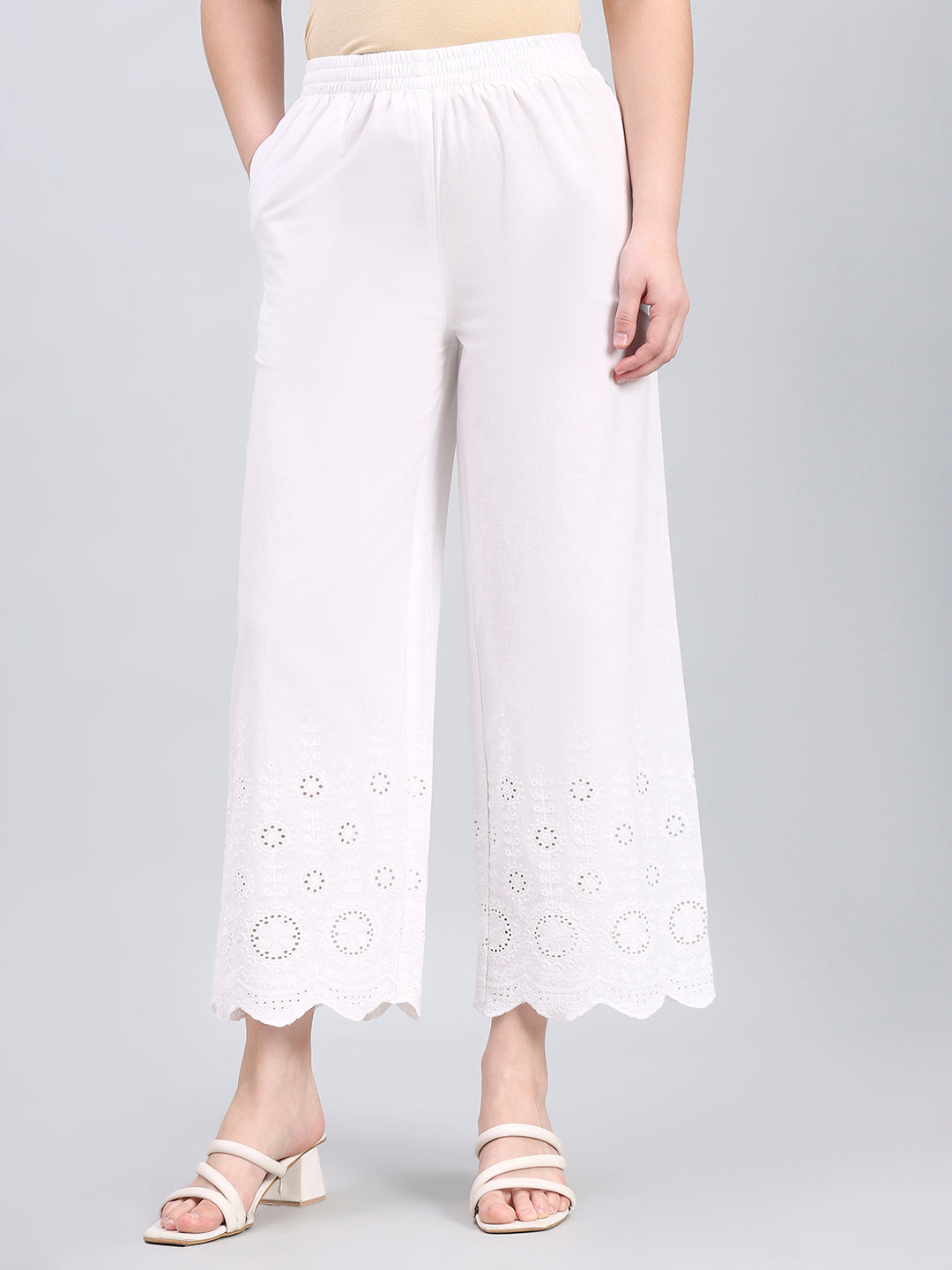 White 100% Cotton Embroidered Wide Pant