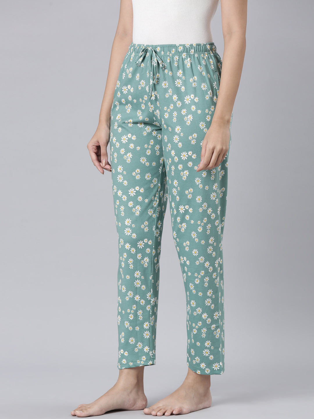 Green Cotton Knit Printed Lounge Pants