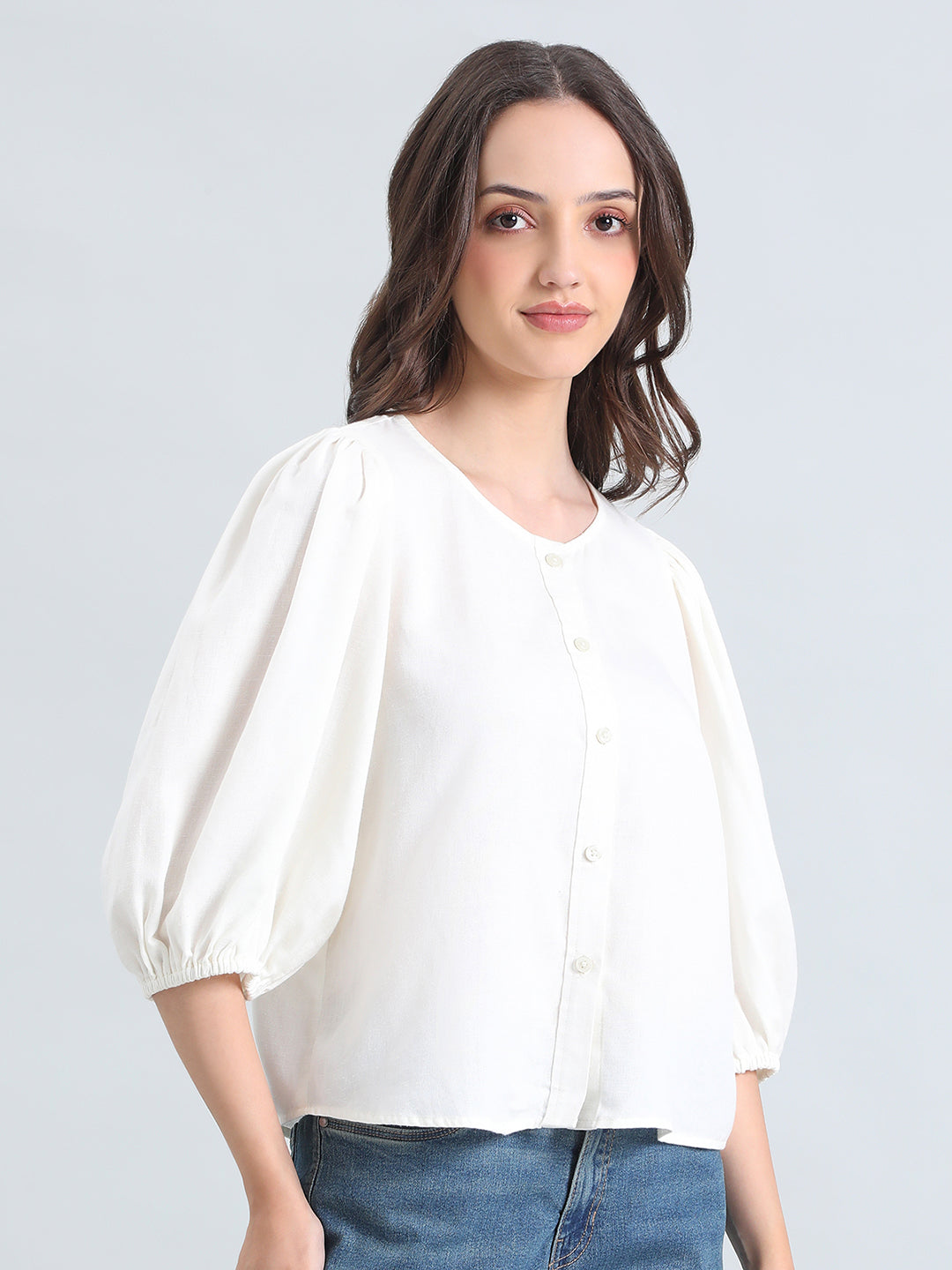 Linen Puff Sleeve Crew Neck Shirt