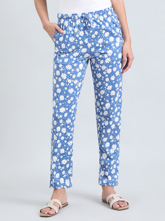 Blue Cotton Knit Printed Lounge Pants